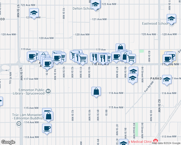 map of restaurants, bars, coffee shops, grocery stores, and more near 11717 90 Street Northwest in Edmonton