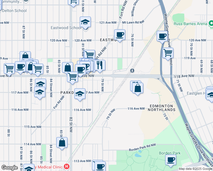 map of restaurants, bars, coffee shops, grocery stores, and more near 11736 78 Street Northwest in Edmonton
