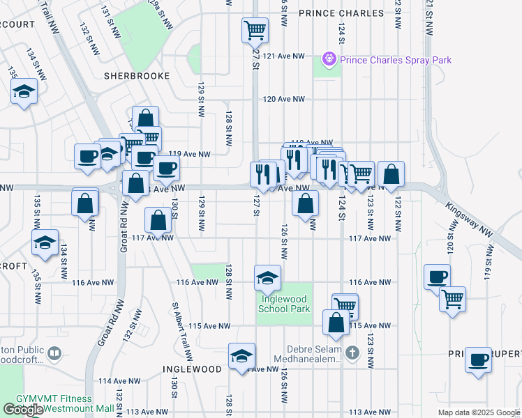 map of restaurants, bars, coffee shops, grocery stores, and more near 11731 127 Street Northwest in Edmonton