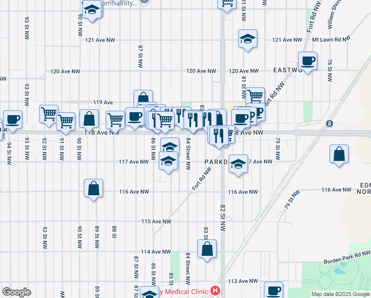 map of restaurants, bars, coffee shops, grocery stores, and more near 11724 85 Street Northwest in Edmonton