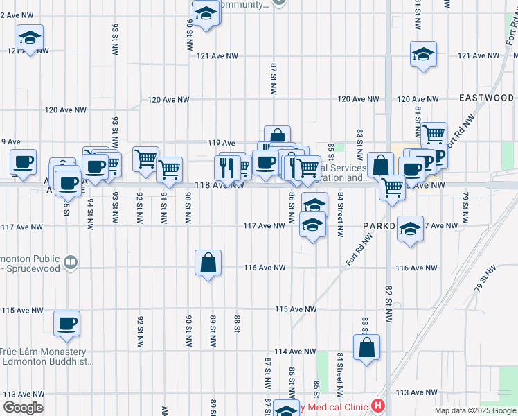map of restaurants, bars, coffee shops, grocery stores, and more near 11718 87 Street Northwest in Edmonton
