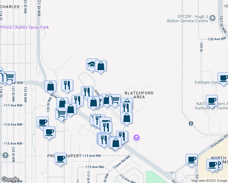 map of restaurants, bars, coffee shops, grocery stores, and more near 59 Airport Road Northwest in Edmonton