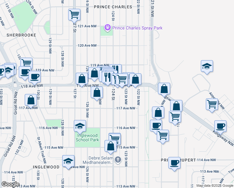 map of restaurants, bars, coffee shops, grocery stores, and more near in Edmonton