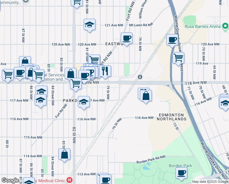 map of restaurants, bars, coffee shops, grocery stores, and more near 11736 78 Street Northwest in Edmonton