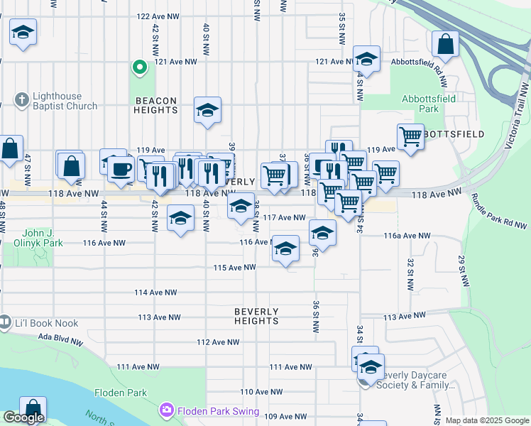 map of restaurants, bars, coffee shops, grocery stores, and more near 3648 117 Avenue Northwest in Edmonton