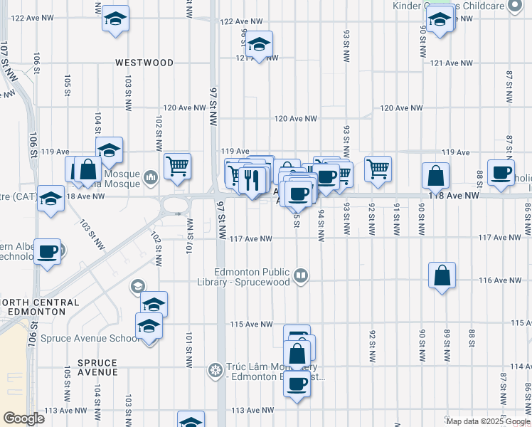 map of restaurants, bars, coffee shops, grocery stores, and more near 11730 95A Street Northwest in Edmonton