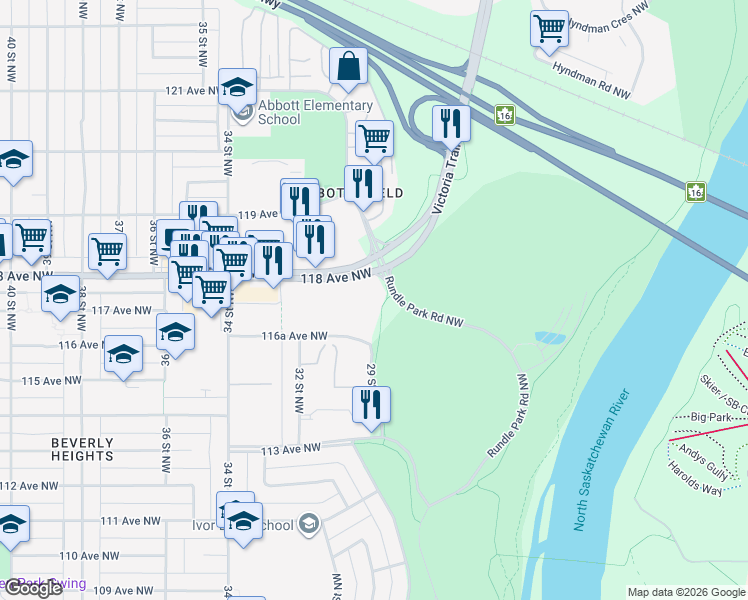 map of restaurants, bars, coffee shops, grocery stores, and more near 2908 116A Avenue Northwest in Edmonton