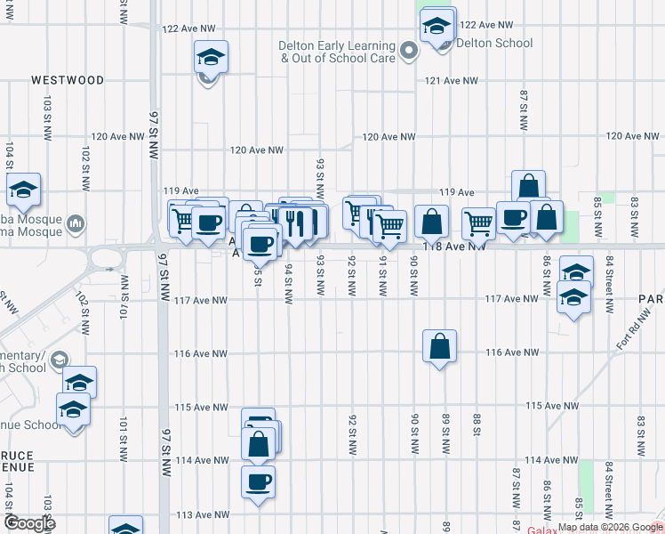 map of restaurants, bars, coffee shops, grocery stores, and more near 11725 93 Street Northwest in Edmonton
