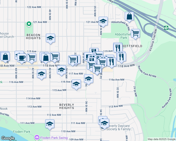 map of restaurants, bars, coffee shops, grocery stores, and more near 3511 118 Avenue Northwest in Edmonton