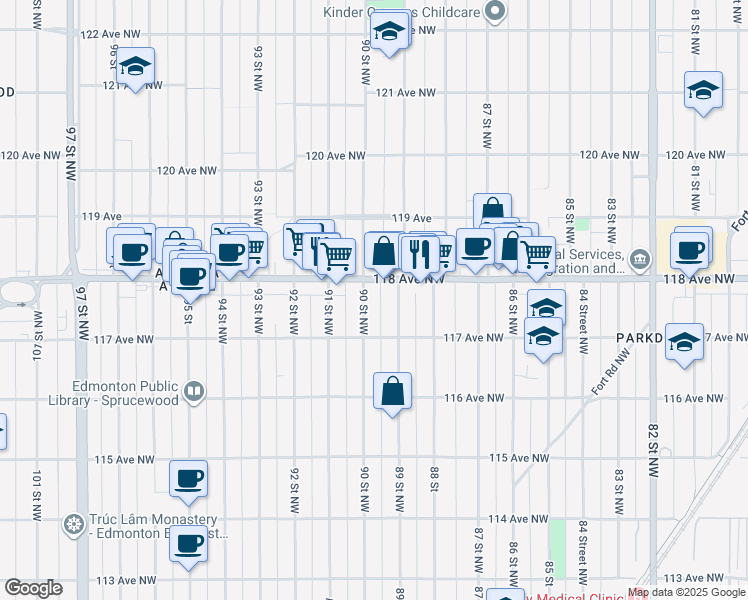 map of restaurants, bars, coffee shops, grocery stores, and more near 11717 90 Street Northwest in Edmonton