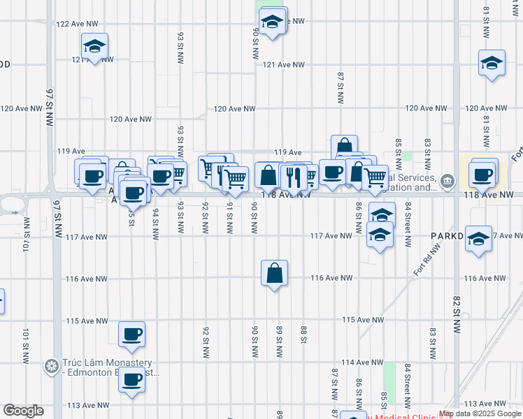 map of restaurants, bars, coffee shops, grocery stores, and more near 11717 90 Street Northwest in Edmonton