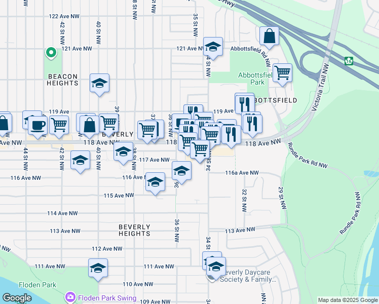 map of restaurants, bars, coffee shops, grocery stores, and more near 11720 34 Street Northwest in Edmonton