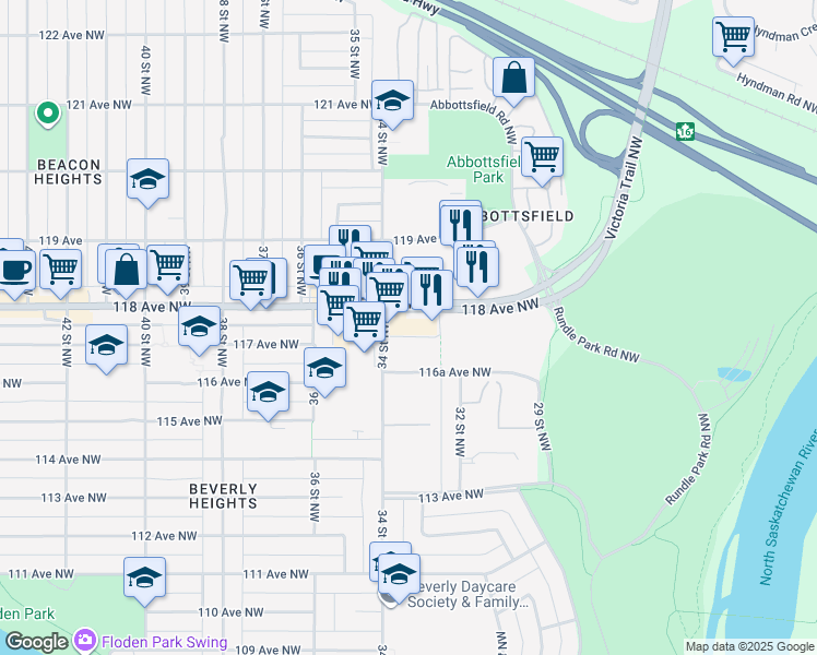 map of restaurants, bars, coffee shops, grocery stores, and more near 3334 116A Avenue Northwest in Edmonton