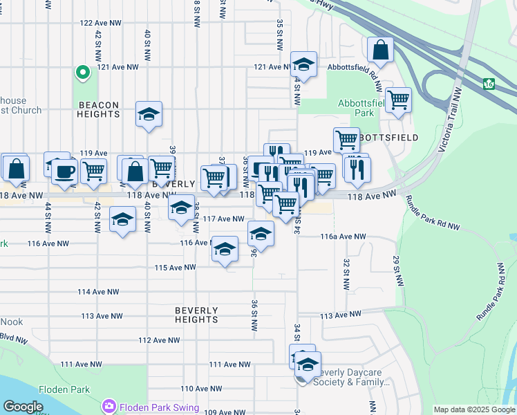 map of restaurants, bars, coffee shops, grocery stores, and more near 11720 34 Street Northwest in Edmonton