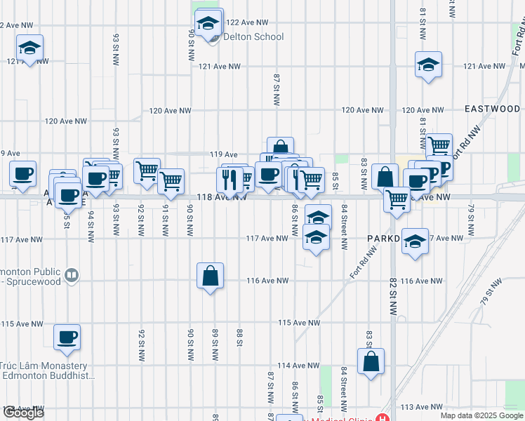 map of restaurants, bars, coffee shops, grocery stores, and more near 11718 87 Street Northwest in Edmonton