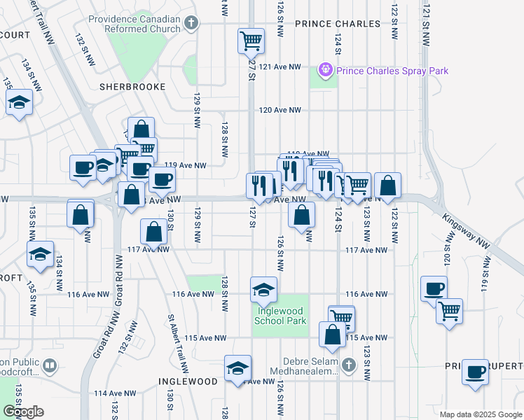 map of restaurants, bars, coffee shops, grocery stores, and more near 11731 127 Street Northwest in Edmonton