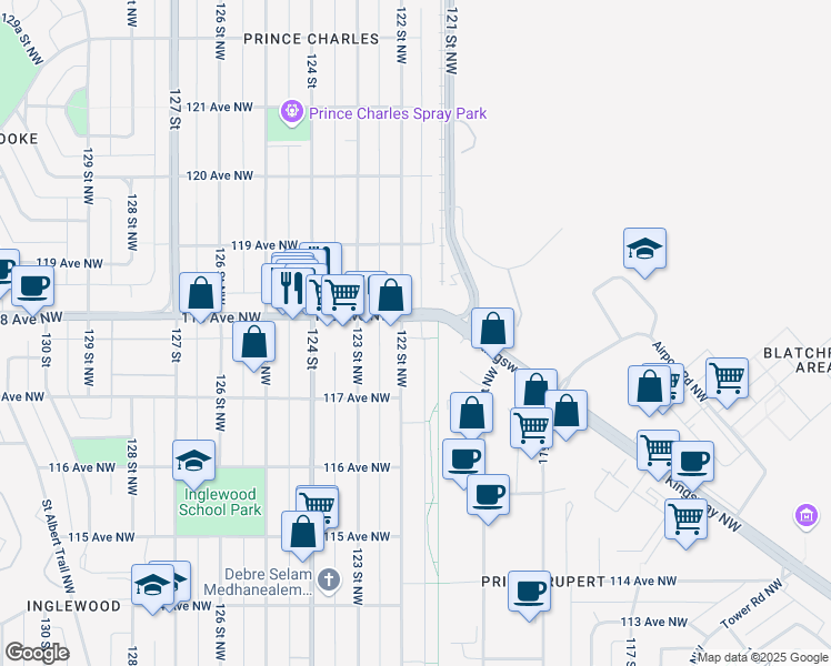 map of restaurants, bars, coffee shops, grocery stores, and more near 11733 122 Street Northwest in Edmonton