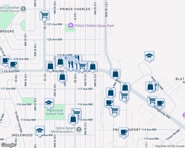 map of restaurants, bars, coffee shops, grocery stores, and more near 11725 123 Street Northwest in Edmonton