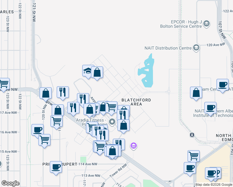 map of restaurants, bars, coffee shops, grocery stores, and more near 7729 Yorke Mews Northwest in Edmonton