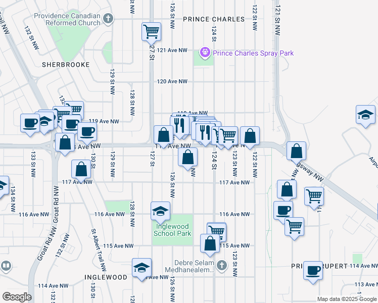 map of restaurants, bars, coffee shops, grocery stores, and more near 11722 125 Street Northwest in Edmonton