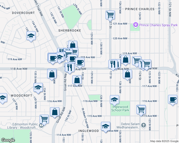 map of restaurants, bars, coffee shops, grocery stores, and more near 11727 130 Street Northwest in Edmonton