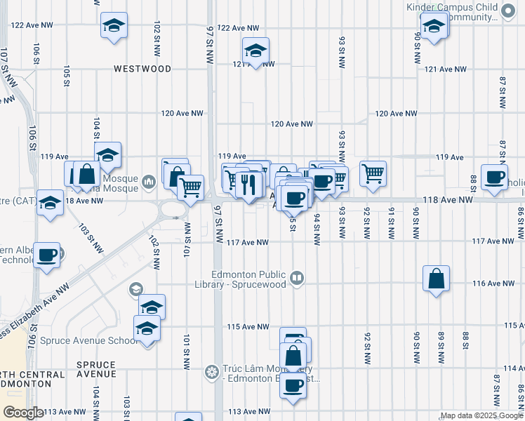 map of restaurants, bars, coffee shops, grocery stores, and more near in Edmonton