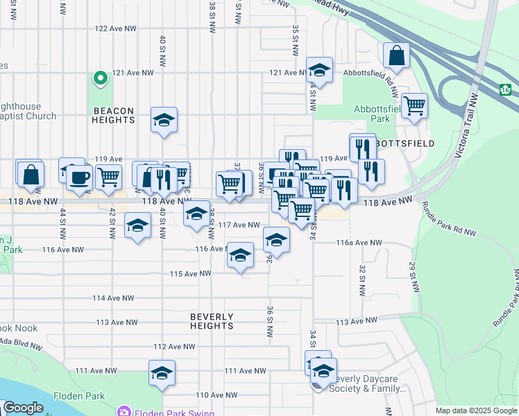 map of restaurants, bars, coffee shops, grocery stores, and more near 3608 117 Avenue Northwest in Edmonton