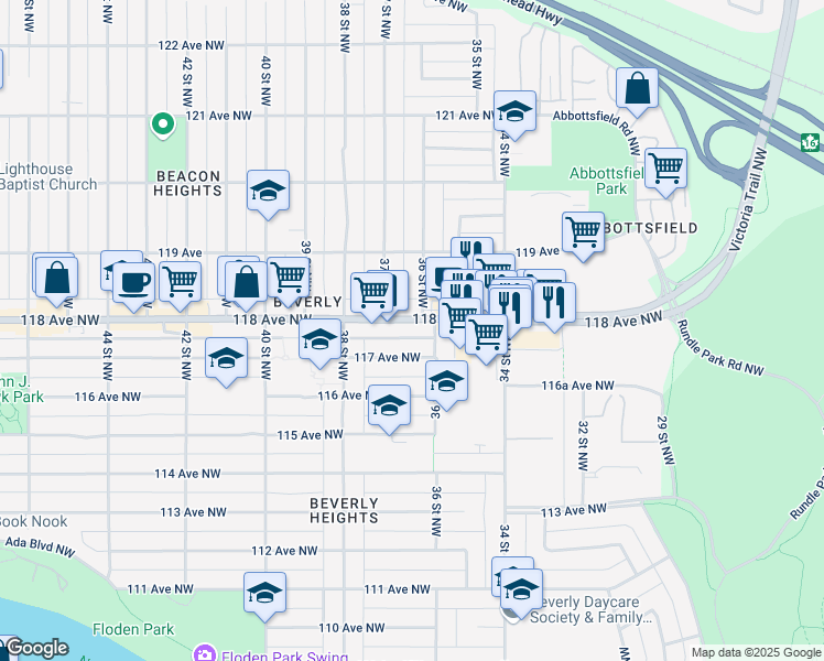 map of restaurants, bars, coffee shops, grocery stores, and more near 3608 117 Avenue Northwest in Edmonton