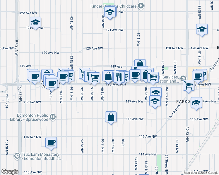 map of restaurants, bars, coffee shops, grocery stores, and more near in Edmonton