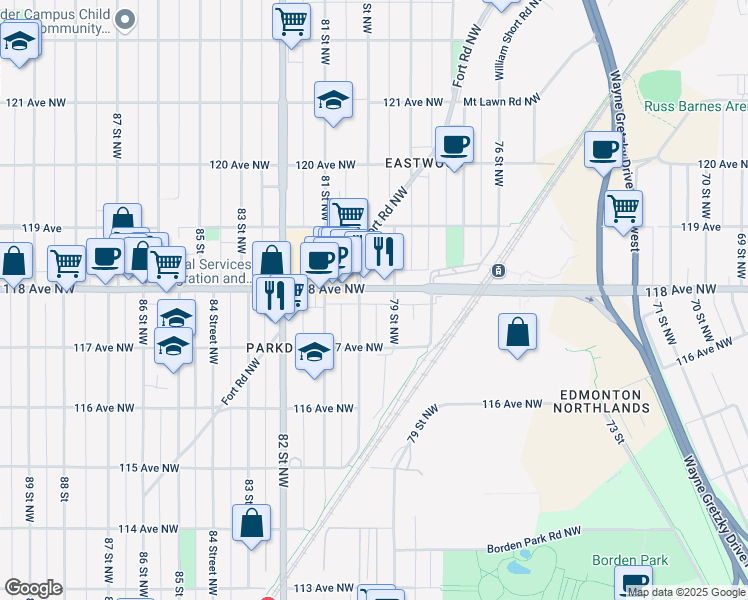 map of restaurants, bars, coffee shops, grocery stores, and more near 7927 118 Avenue Northwest in Edmonton