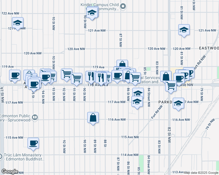 map of restaurants, bars, coffee shops, grocery stores, and more near 8731 118 Avenue Northwest in Edmonton
