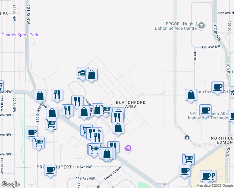 map of restaurants, bars, coffee shops, grocery stores, and more near 7704 Yorke Mews Northwest in Edmonton