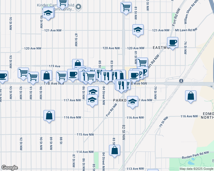 map of restaurants, bars, coffee shops, grocery stores, and more near 11724 85 Street Northwest in Edmonton