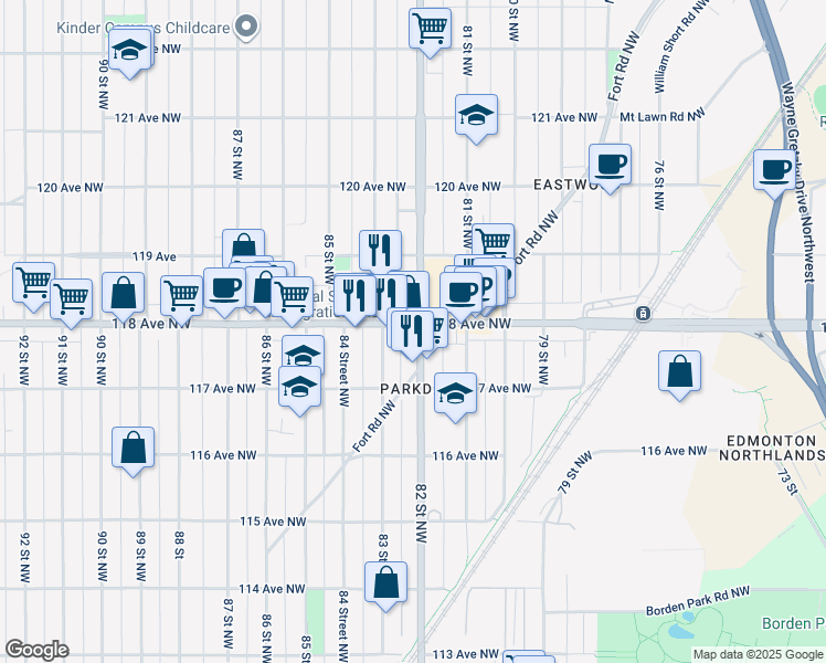 map of restaurants, bars, coffee shops, grocery stores, and more near 11718 Fort Road Northwest in Edmonton
