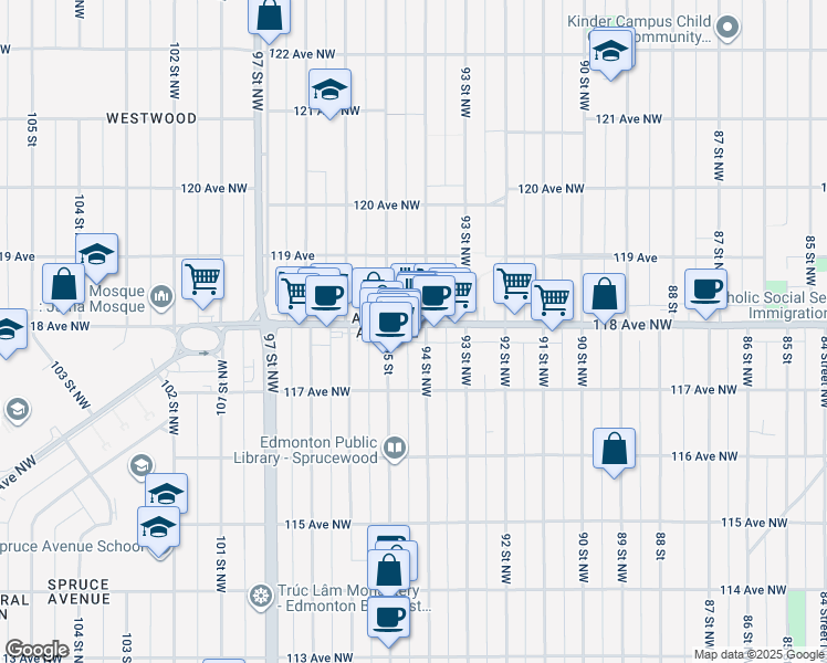 map of restaurants, bars, coffee shops, grocery stores, and more near in Edmonton