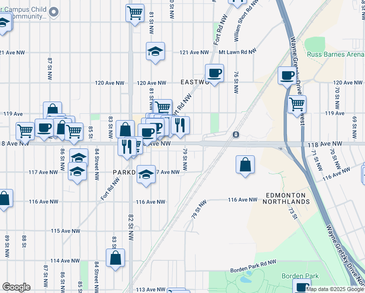 map of restaurants, bars, coffee shops, grocery stores, and more near 7901 118 Avenue Northwest in Edmonton