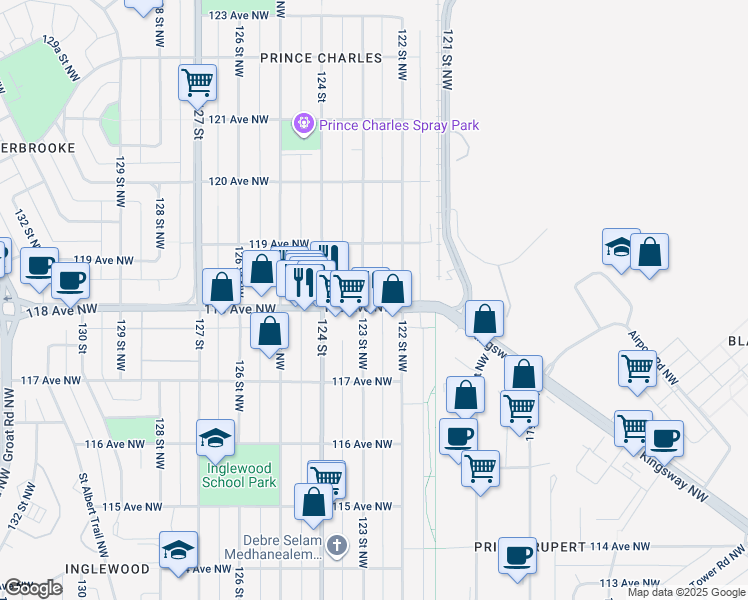 map of restaurants, bars, coffee shops, grocery stores, and more near 11817 123 Street Northwest in Edmonton