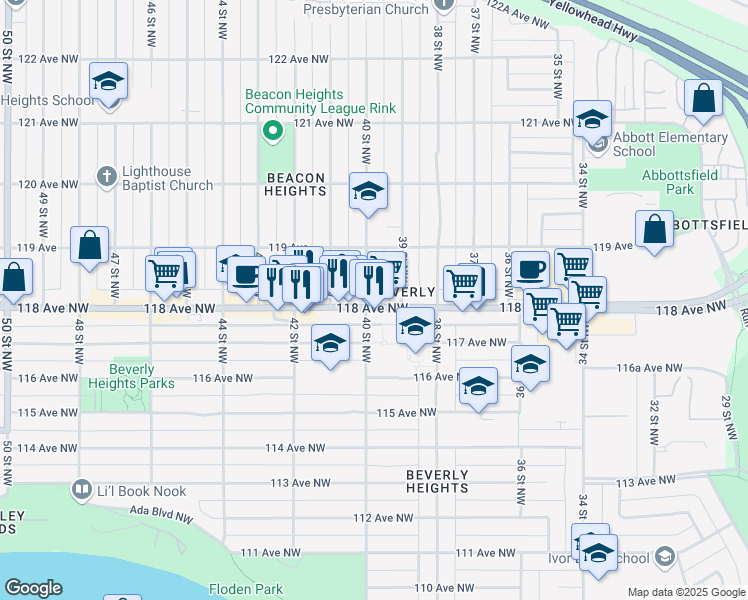 map of restaurants, bars, coffee shops, grocery stores, and more near 11811 40 Street Northwest in Edmonton
