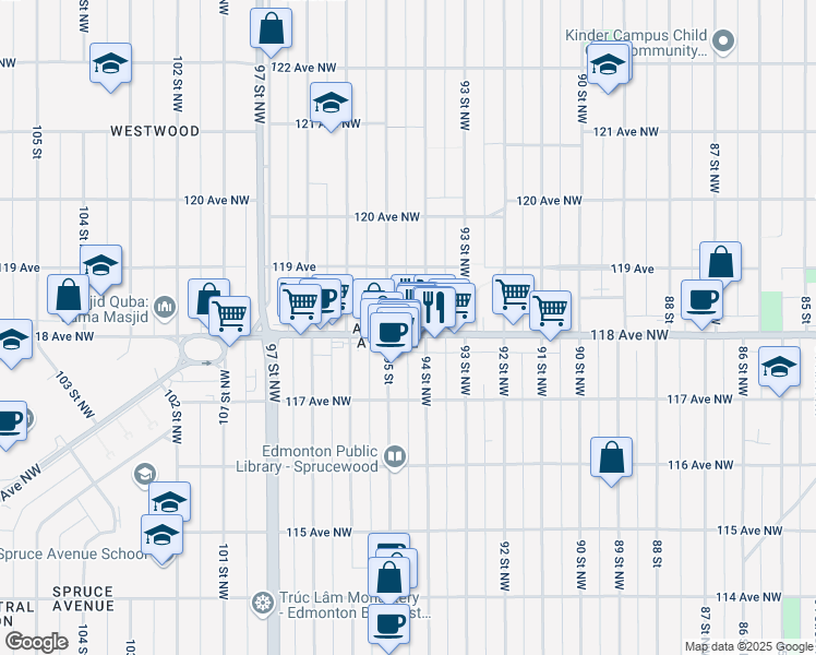 map of restaurants, bars, coffee shops, grocery stores, and more near in Edmonton
