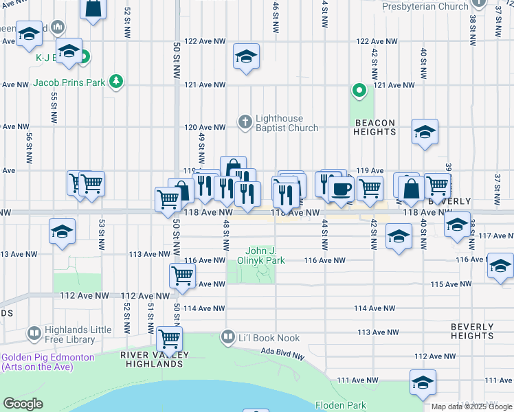 map of restaurants, bars, coffee shops, grocery stores, and more near 11811 47 Street Northwest in Edmonton