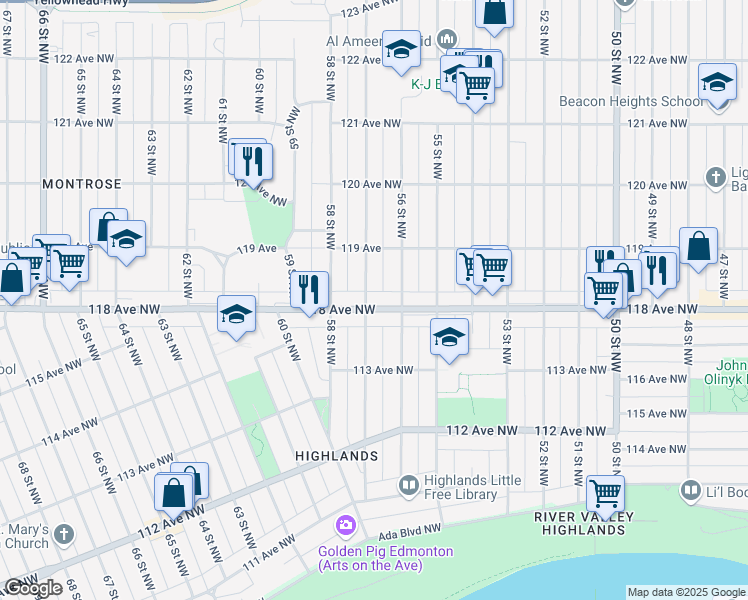 map of restaurants, bars, coffee shops, grocery stores, and more near 11823 57 Street Northwest in Edmonton
