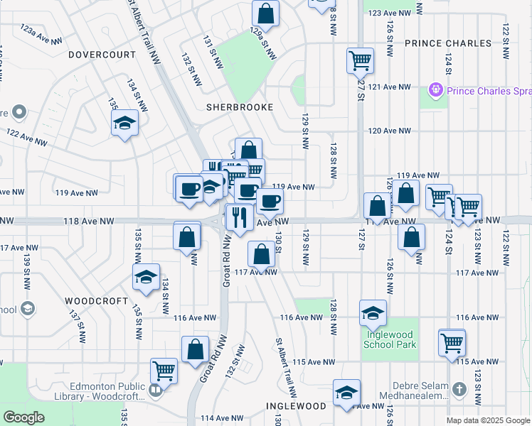 map of restaurants, bars, coffee shops, grocery stores, and more near 12940 118 Avenue Northwest in Edmonton