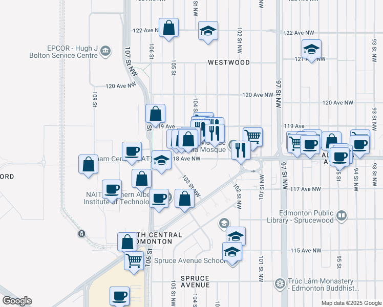map of restaurants, bars, coffee shops, grocery stores, and more near 10408 118 Avenue Northwest in Edmonton