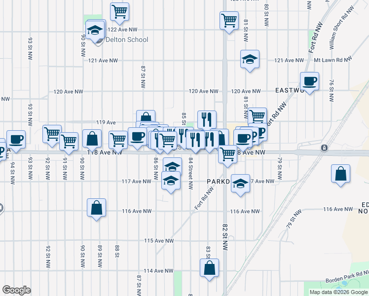 map of restaurants, bars, coffee shops, grocery stores, and more near 11718 85 Street Northwest in Edmonton