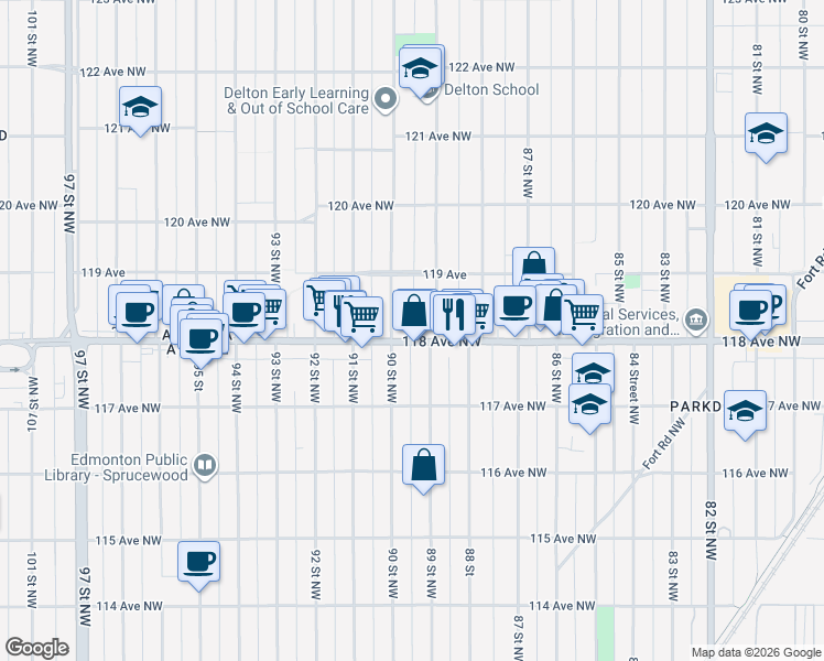 map of restaurants, bars, coffee shops, grocery stores, and more near 11821 90 Street Northwest in Edmonton