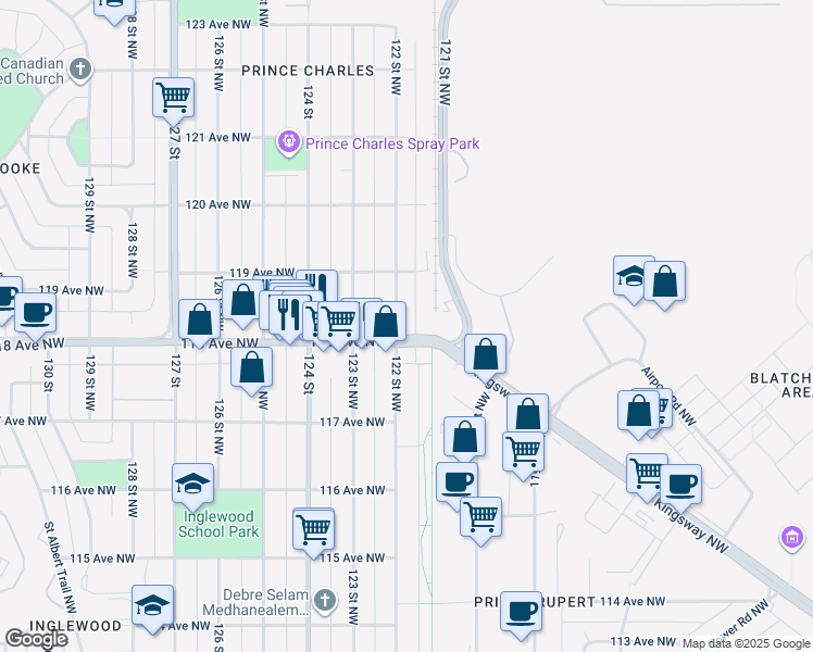 map of restaurants, bars, coffee shops, grocery stores, and more near 11811 122 Street Northwest in Edmonton