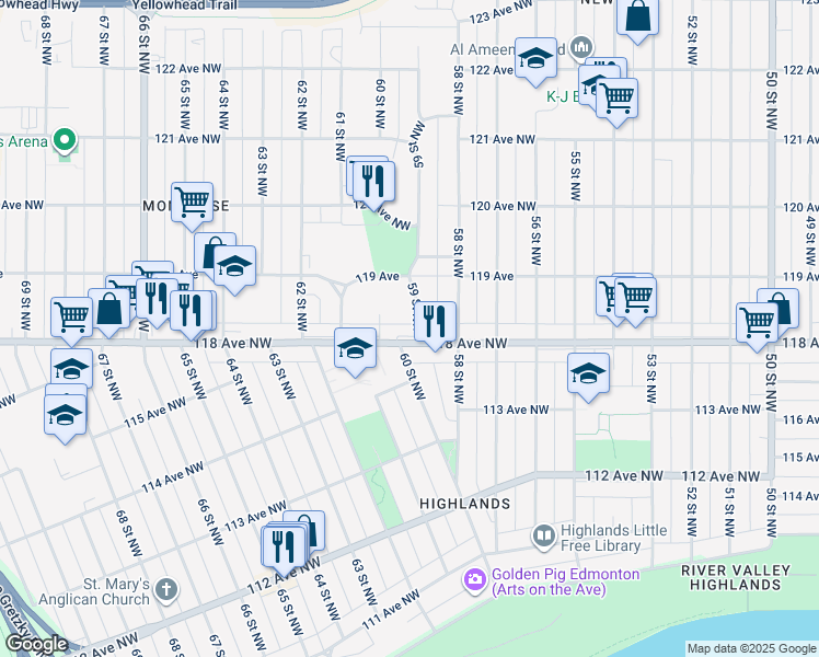 map of restaurants, bars, coffee shops, grocery stores, and more near in Edmonton