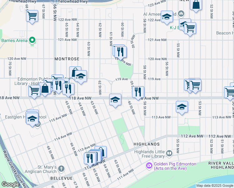 map of restaurants, bars, coffee shops, grocery stores, and more near 6024 118 Avenue Northwest in Edmonton