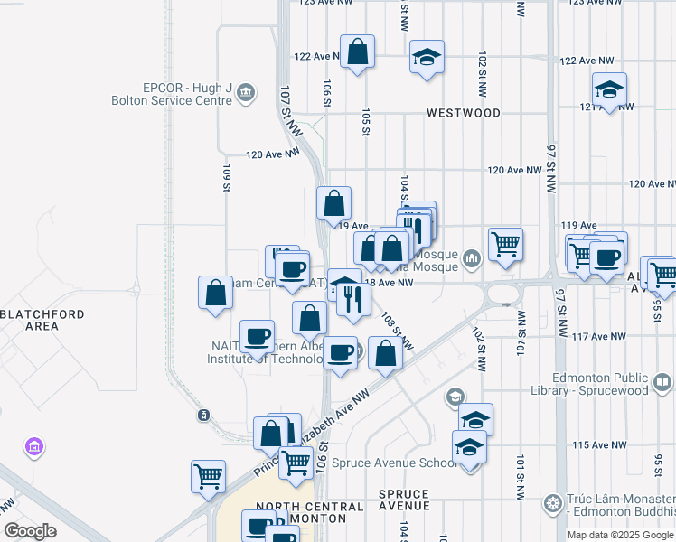 map of restaurants, bars, coffee shops, grocery stores, and more near 11841 106 Street in Edmonton
