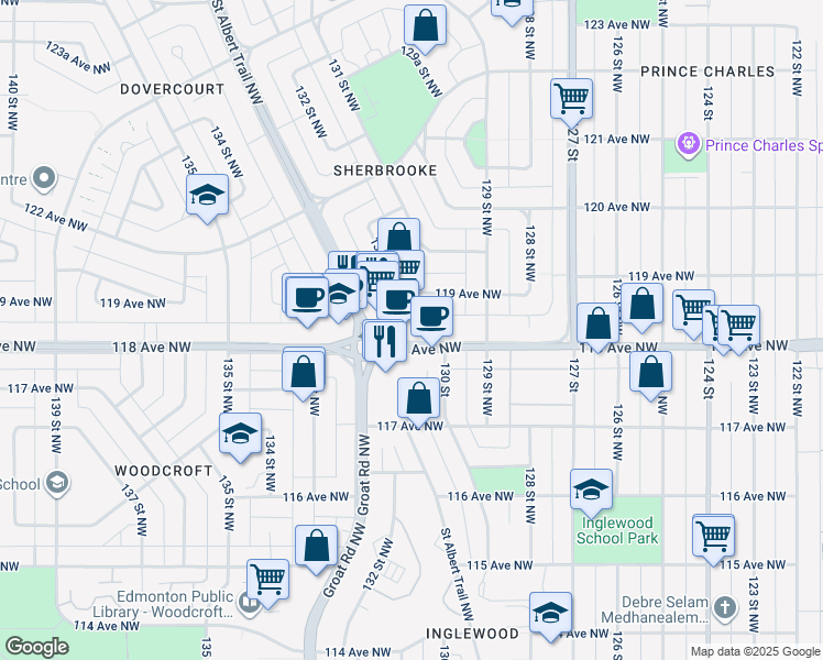map of restaurants, bars, coffee shops, grocery stores, and more near 12940 118 Avenue Northwest in Edmonton